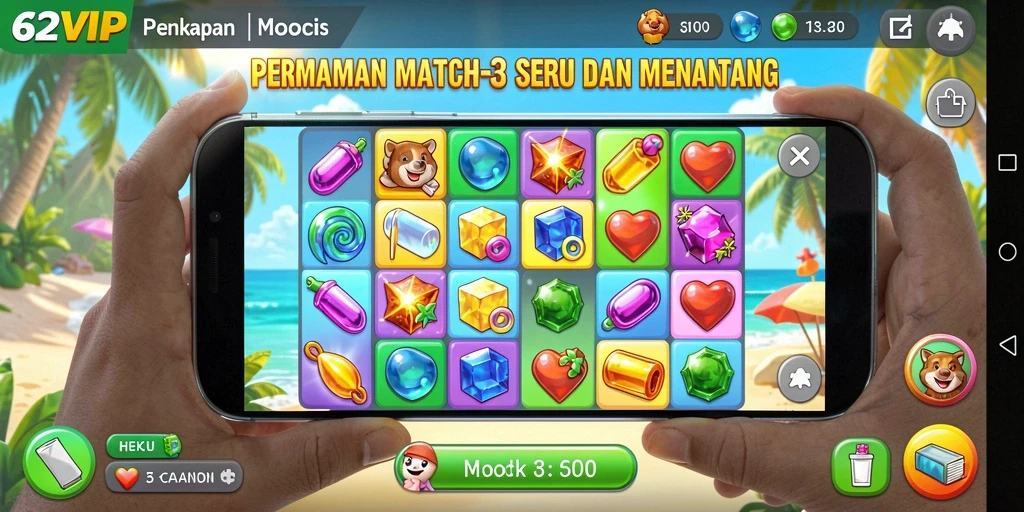 Gameplay seru 62VIP dengan berbagai tantangan Match-3.