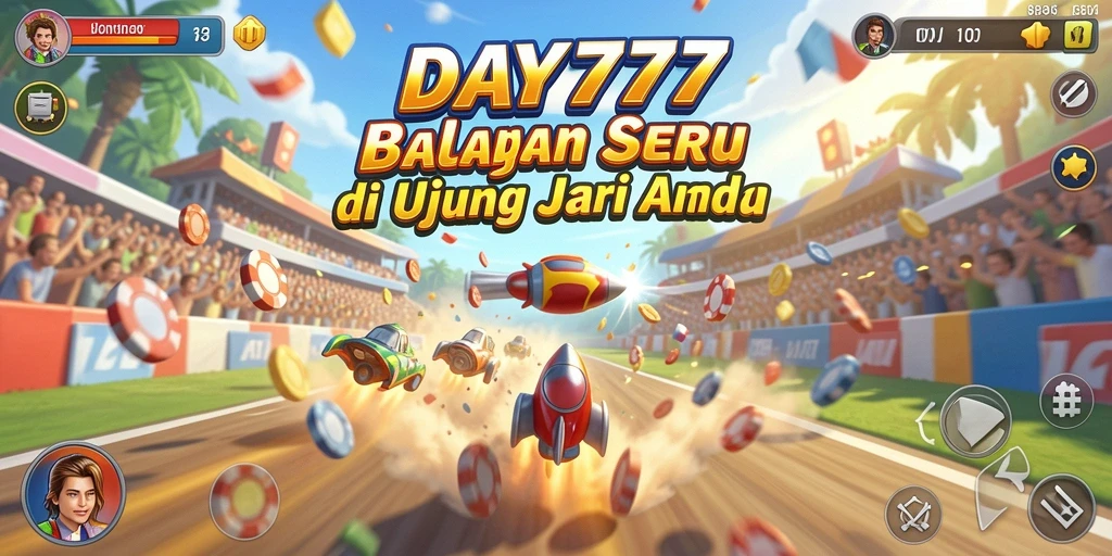 Screenshot gameplay DAY777 menampilkan aksi balapan yang intens dan mendebarkan.