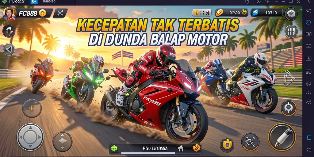 Tampilan gameplay penuh aksi dari FC888 dengan motor berkecepatan tinggi.