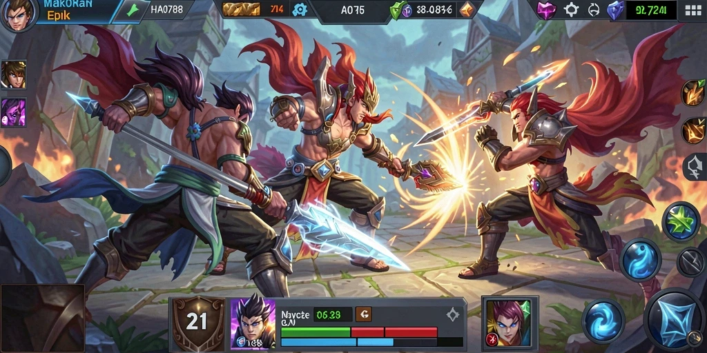 Screenshot HAO788 menunjukkan aksi pertarungan MOBA yang intens dan strategis.