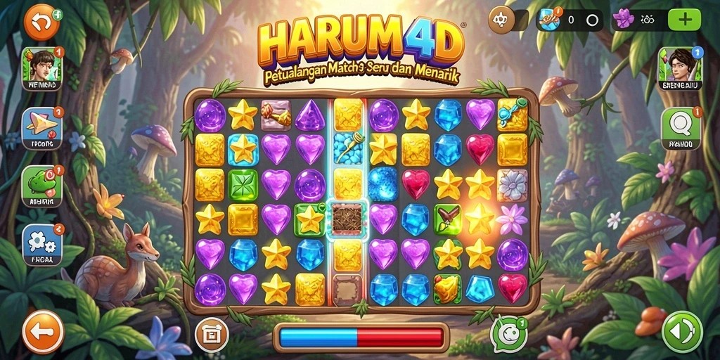 Screenshot gameplay HARUM4D menampilkan momen seru mencocokkan elemen Match-3.