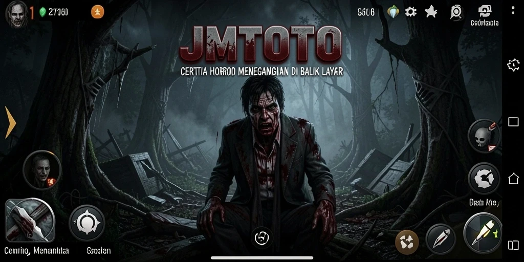 Screenshot utama JMTOTO menunjukkan suasana mencekam saat menjelajahi tempat angker.