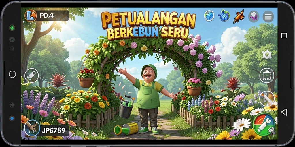 Tangkapan layar gameplay <strong>JP6789</strong> yang menunjukkan kebun yang ramai dan subur.