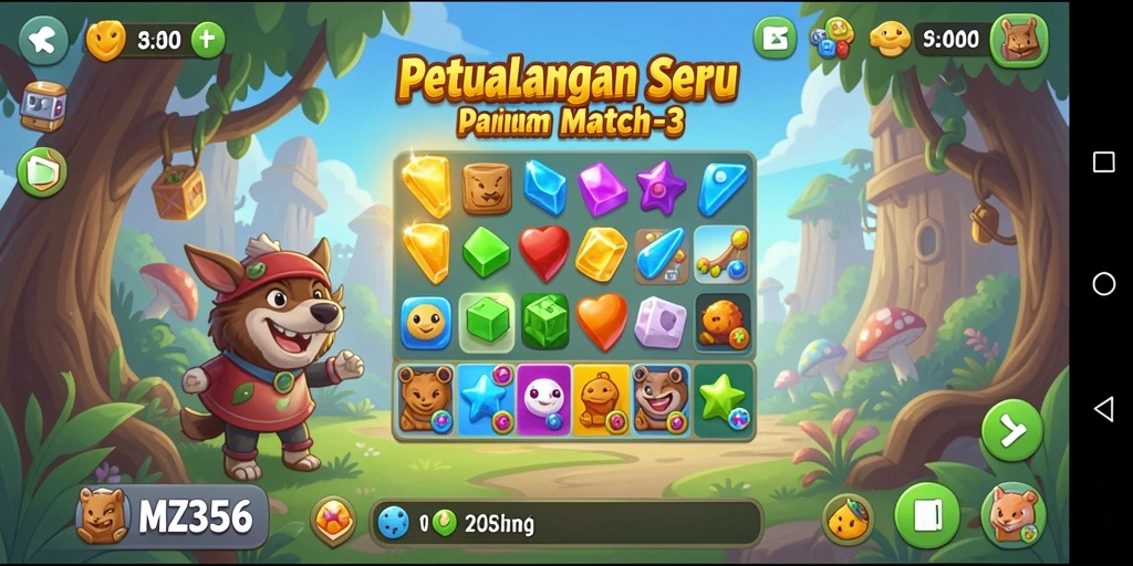 Screenshot gameplay MZ356 menunjukkan keseruan permainan Match-3 yang mengasyikkan.