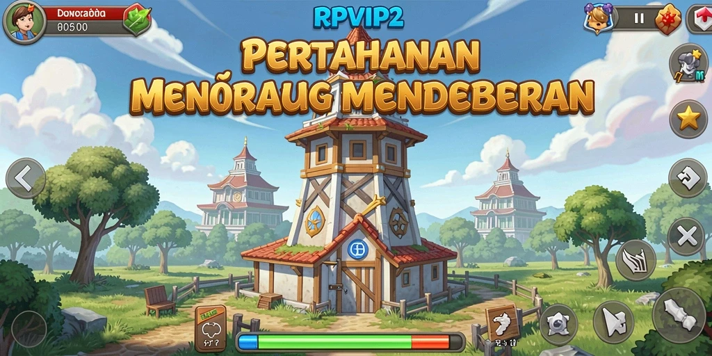 Screenshot gameplay RPVIP2 yang menunjukkan serangan menara di Tower Defense.