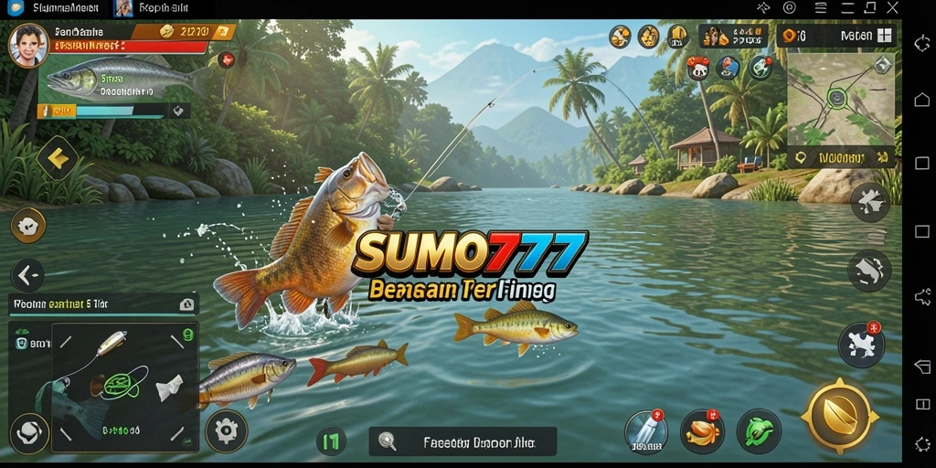 Tampilan gameplay SUMO777 yang menampilkan aktivitas memancing yang seru.