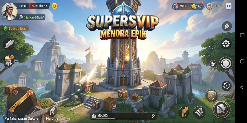 Tampilan gameplay SUPERSVIP memperlihatkan menara pertahanan yang siap menghadapi serangan musuh.