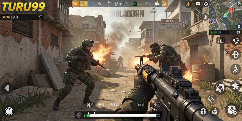 Screenshot TURU99 menampilkan aksi menegangkan dalam pertempuran FPS.